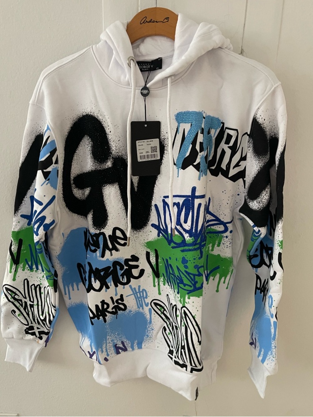 Avenue George V Paris Hoodie Men’s White Long Sleeve sweatshirt Rhinestone 2XL